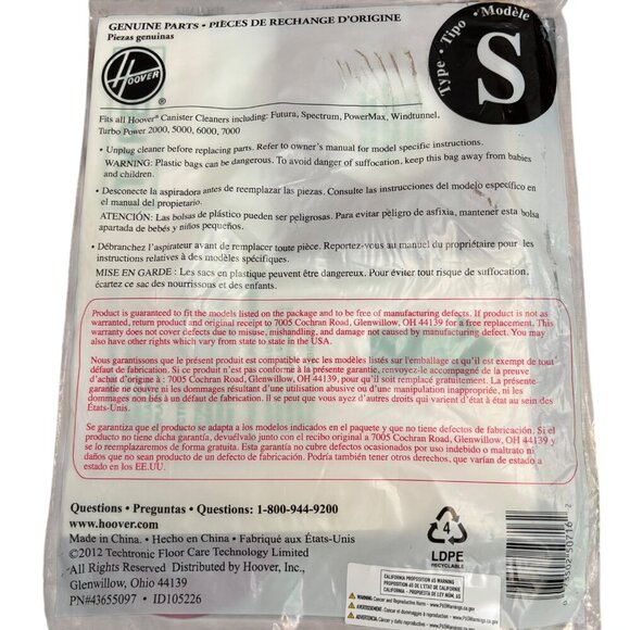 Type S Vacuum Cleaner Bags for Hoover Canister Vacuum 4010064S New in Package - Picture 5 of 5